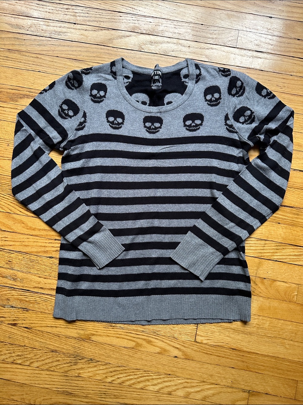 Hot Topic Gray and Black Skull Stripe Crewneck Sweater